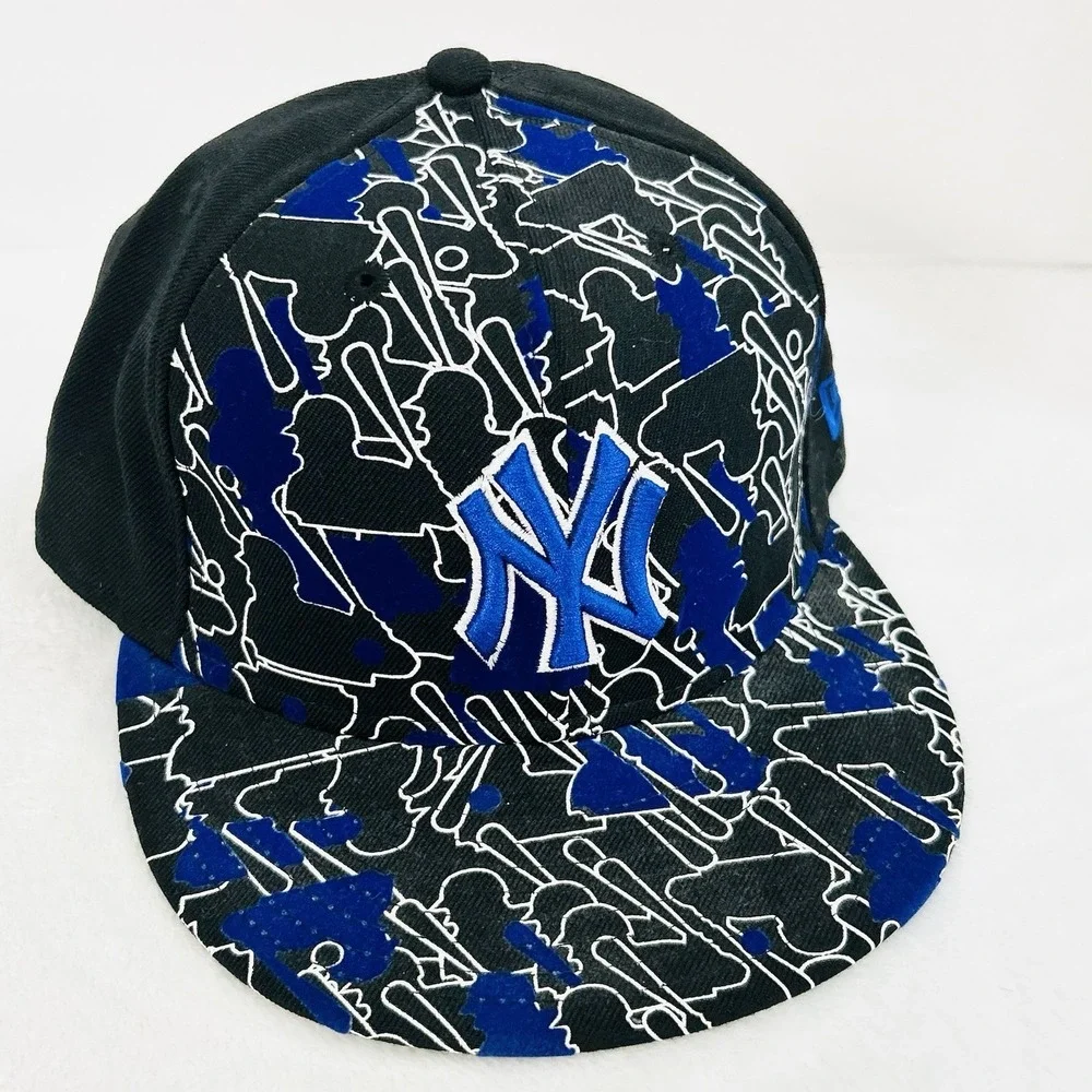 New Era New York Yankees MLB Logo Pattern 59FIFTY Fitted Hat Cap 7 3/8 Black‎